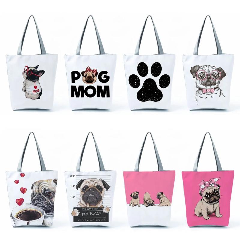 Cartoon Pug Print Tote Bag Eco Star Dog Paw Funny Shoulder Handbag