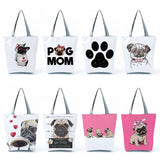 Cartoon Pug Print Tote Bag Eco Star Dog Paw Funny Shoulder Handbag