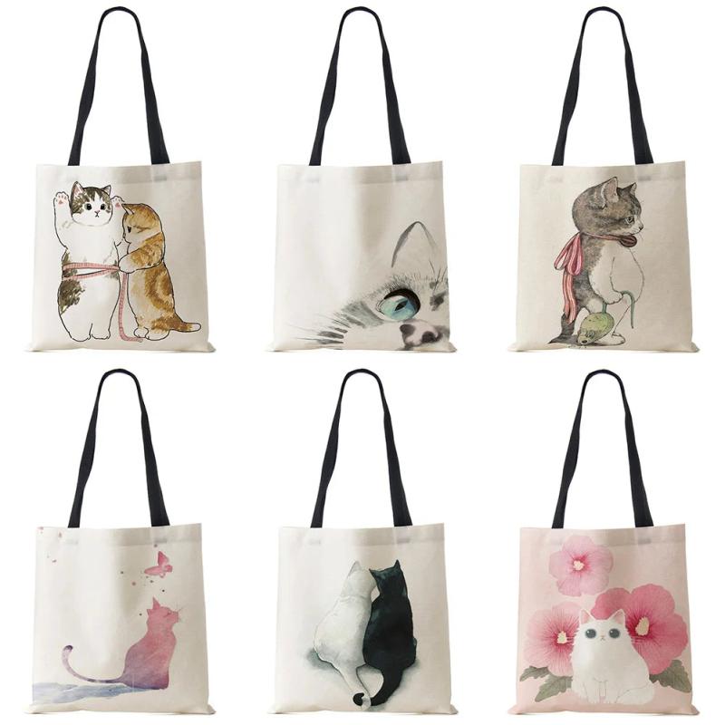 Cat Print Canvas Tote Shoulder Bag Women Casual Handbag Large Capacity