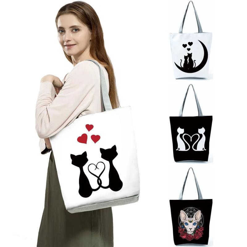 Cat Printed Handbags Outdoor Travel Shoulder Bag Eco Friendly