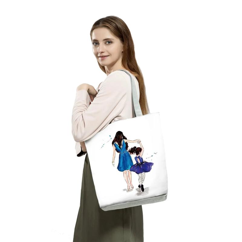 Cartoon Mama Print Tote Bag Reusable Shoulder Bags Mom and Baby Handbags