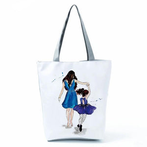 Cartoon Mama Print Tote Bag Reusable Shoulder Bags Mom and Baby Handbags
