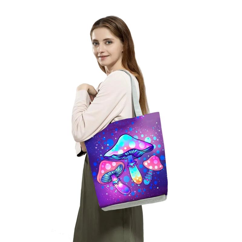 Bright Colors Mushroom Print Travel Tote Bag Eco Reusable Handbag