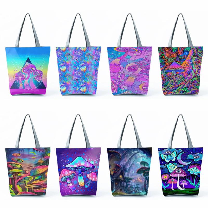 Bright Colors Mushroom Print Travel Tote Bag Eco Reusable Handbag