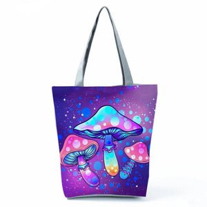 Bright Colors Mushroom Print Travel Tote Bag Eco Reusable Handbag