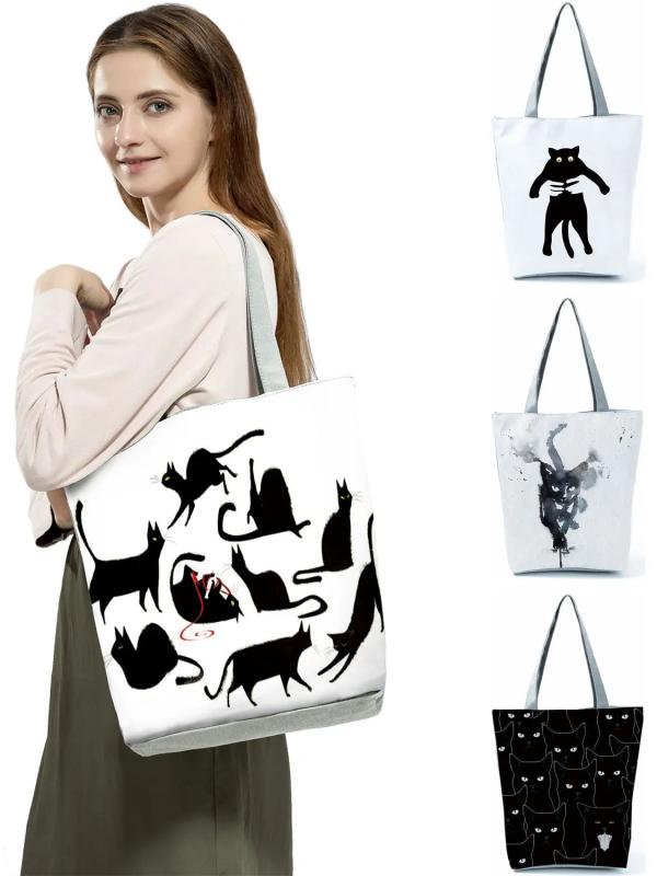 Cat Print Shopper Bag Women Handbag Reusable Shoulder Bag