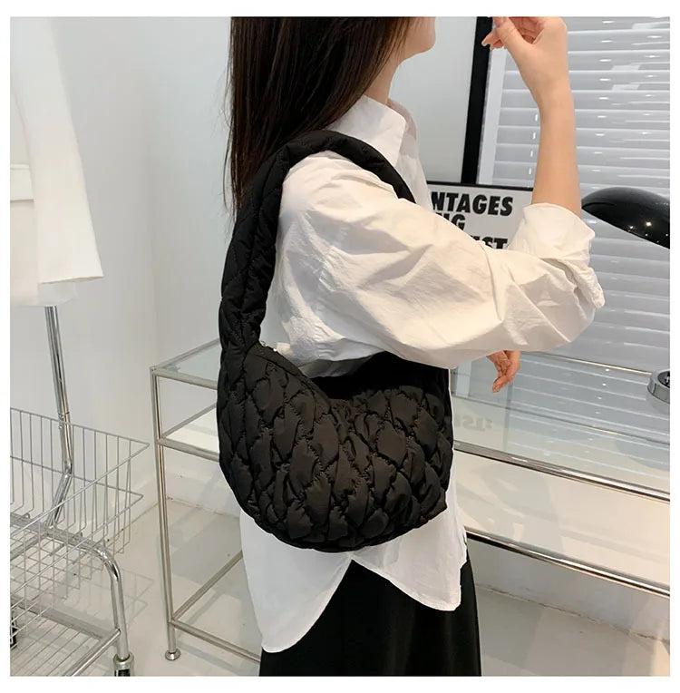 Casual Lingge Quilted Hobos Women Shoulder Bags Lightweight Nylon Small Tote Pur