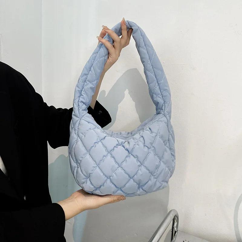 Casual Lingge Quilted Hobos Women Shoulder Bags Lightweight Nylon Small Tote Pur