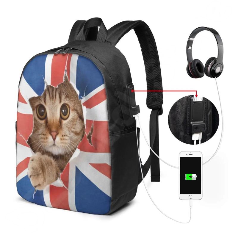 Britain Cat England Flag 3D Funny Animal Travel Laptop Backpack with USB Port