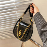 Bright Patent Leather Saddle Bag Purse Metal Chain Handbag