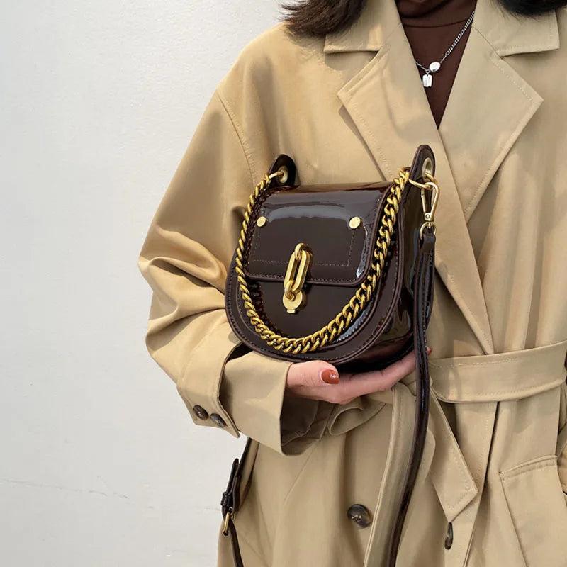 Bright Patent Leather Saddle Bag Purse Metal Chain Handbag