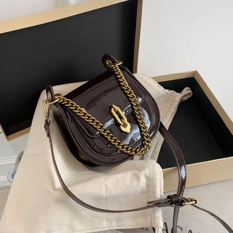 Bright Patent Leather Saddle Bag Purse Metal Chain Handbag