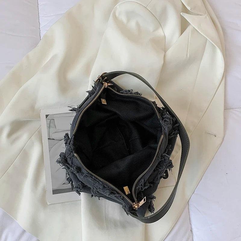 Casual Women Bag with Wide Shoulder Straps and Tassel Detail