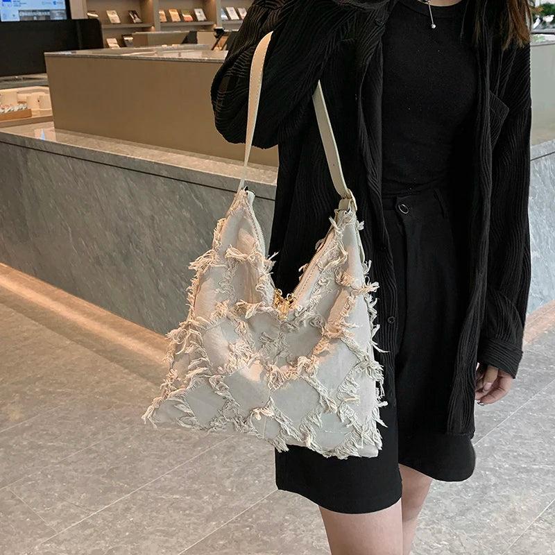 Casual Women Bag with Wide Shoulder Straps and Tassel Detail