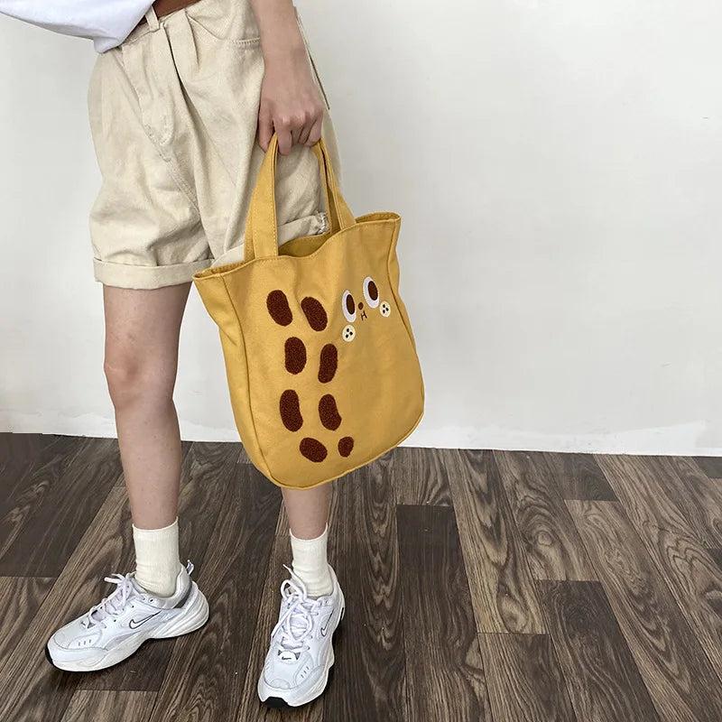 Cartoon Print Canvas Shoulder Bag Embroidered Peanut Handbag