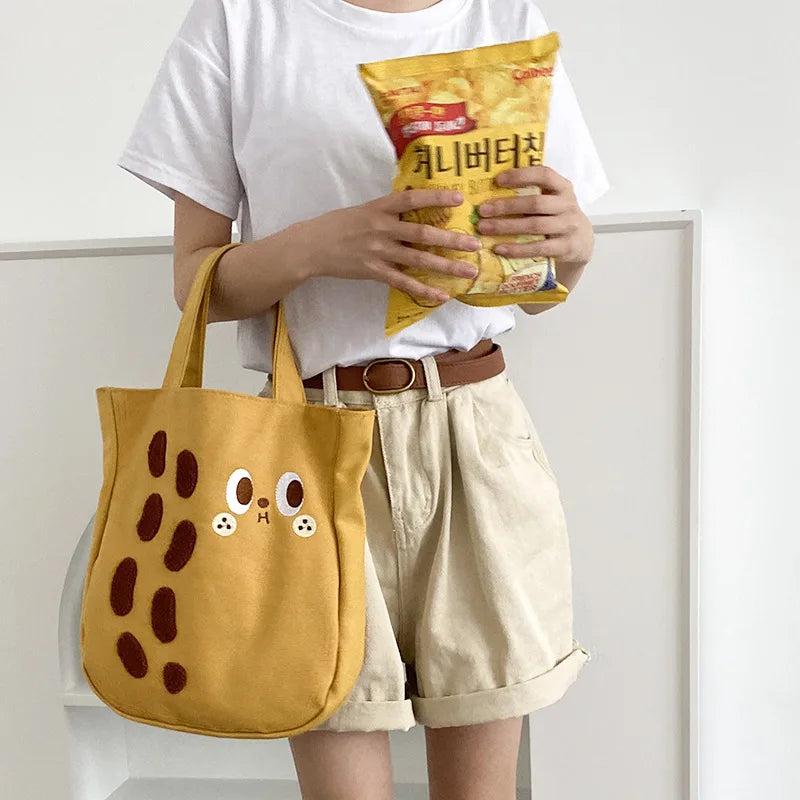 Cartoon Print Canvas Shoulder Bag Embroidered Peanut Handbag
