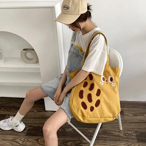 Cartoon Print Canvas Shoulder Bag Embroidered Peanut Handbag
