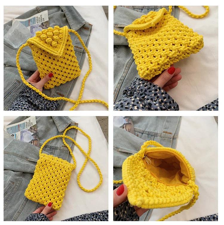Casual Cotton Thread Mini Phone Bag Hand-woven Shoulder Crossbody Bag