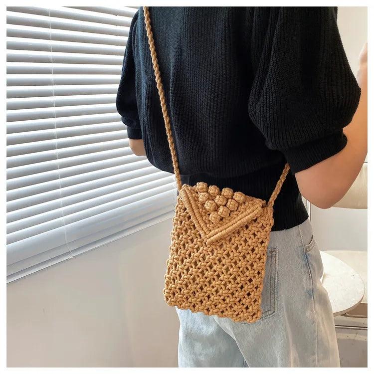 Casual Cotton Thread Mini Phone Bag Hand-woven Shoulder Crossbody Bag