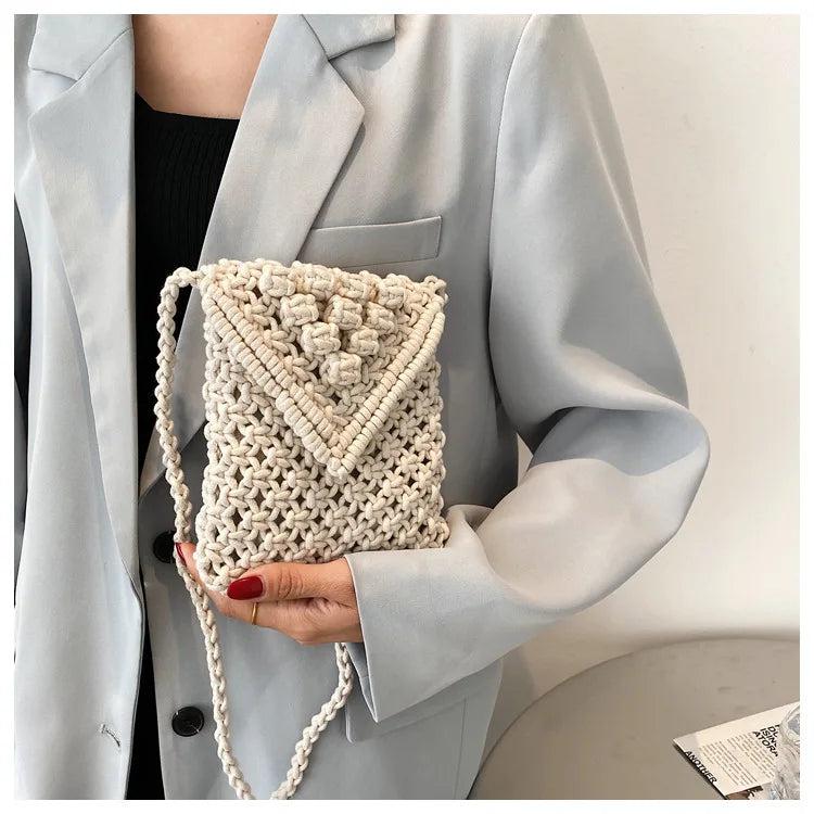 Casual Cotton Thread Mini Phone Bag Hand-woven Shoulder Crossbody Bag