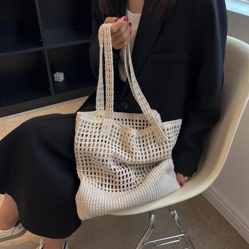 Casual Fashionable Handbags Large Capacity Knit Tote Beach Shoulder Bags