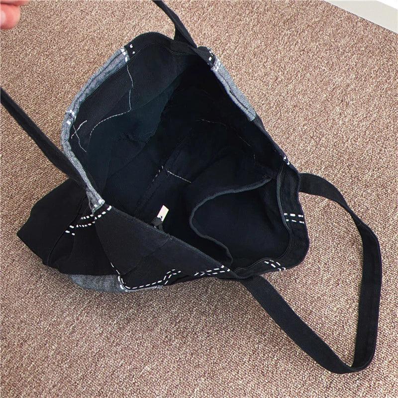 Casual Women's Canvas Shoulder Bag with Embroidery - Large Capacity Tote Handbag