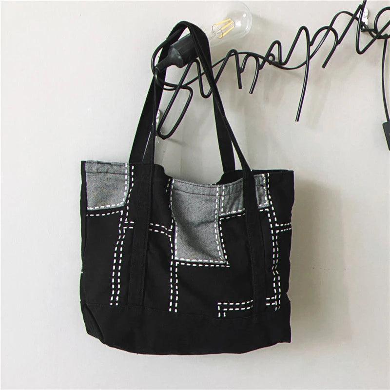 Casual Women's Canvas Shoulder Bag with Embroidery - Large Capacity Tote Handbag