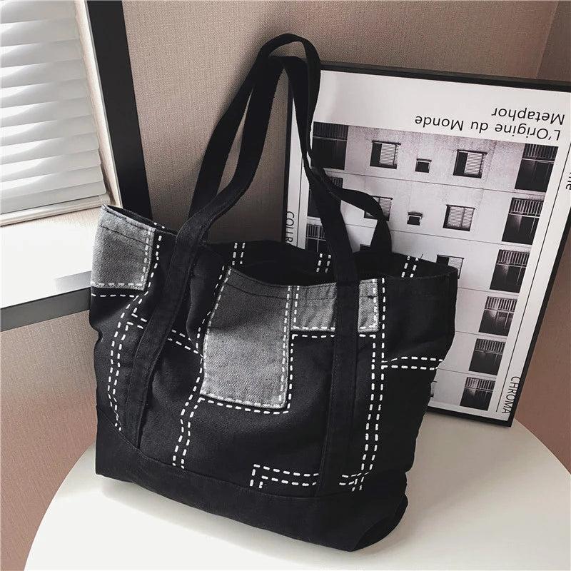 Casual Women's Canvas Shoulder Bag with Embroidery - Large Capacity Tote Handbag