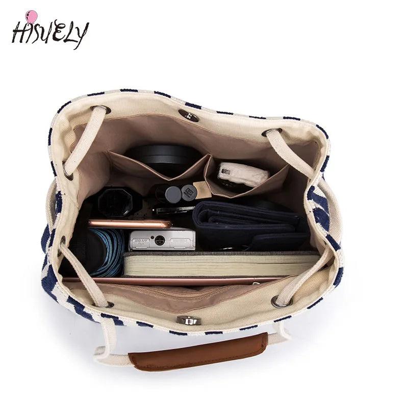 Casual Stripe Pattern Women's Handbag Canvas Bucket Bag Drawstring Beach Bag