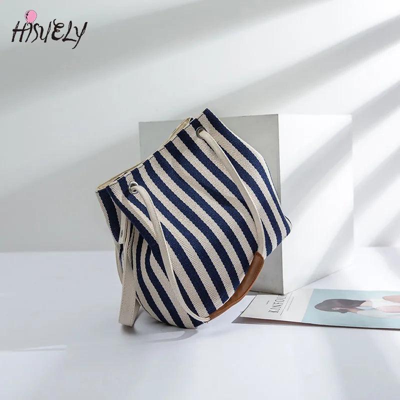 Casual Stripe Pattern Women's Handbag Canvas Bucket Bag Drawstring Beach Bag