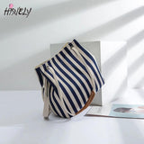 Casual Stripe Pattern Women's Handbag Canvas Bucket Bag Drawstring Beach Bag