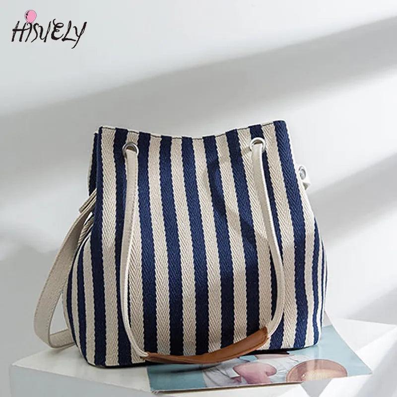 Casual Stripe Pattern Women's Handbag Canvas Bucket Bag Drawstring Beach Bag