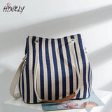 Casual Stripe Pattern Women's Handbag Canvas Bucket Bag Drawstring Beach Bag