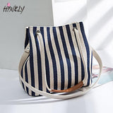 Casual Stripe Pattern Women's Handbag Canvas Bucket Bag Drawstring Beach Bag