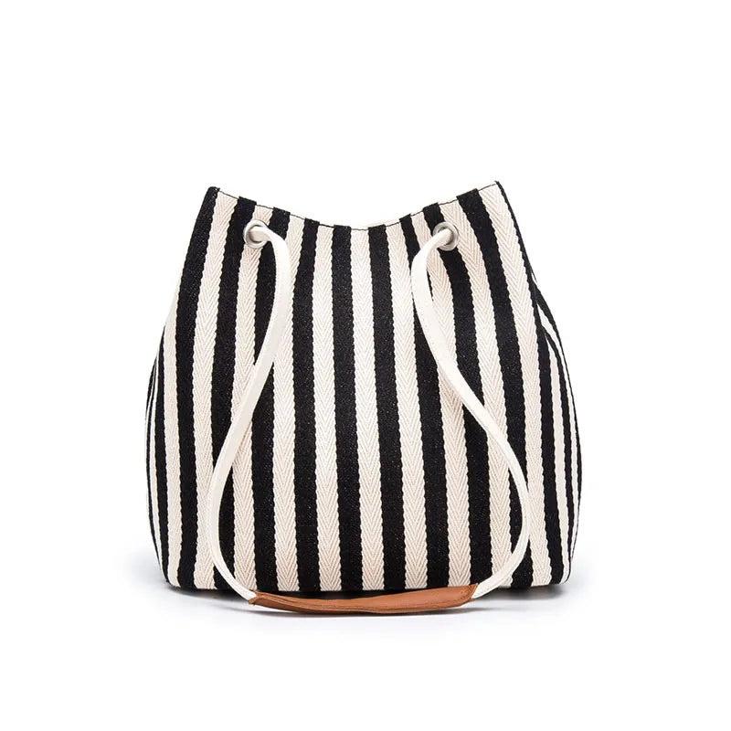 Casual Stripe Pattern Women's Handbag Canvas Bucket Bag Drawstring Beach Bag