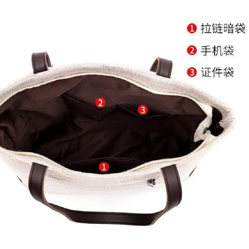 Casual Cotton Linen Shoulder Bag with Zipper for Girls