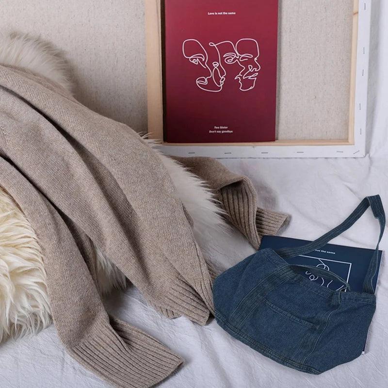 Casual Denim Slouch Bag Japanese Messenger Top-Handle Bag, Navy