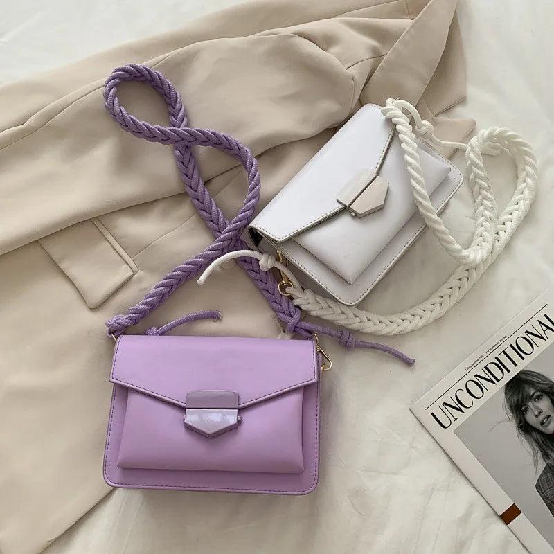 Braided Rope Shoulder Bag Solid Lock Small Square Bag Girl Fresh PU Messenger Ba