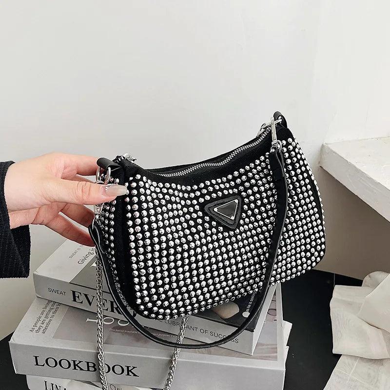 Bright Diamond Handbag Retro Chain Crossbody Bag Underarm Bag Women Totes