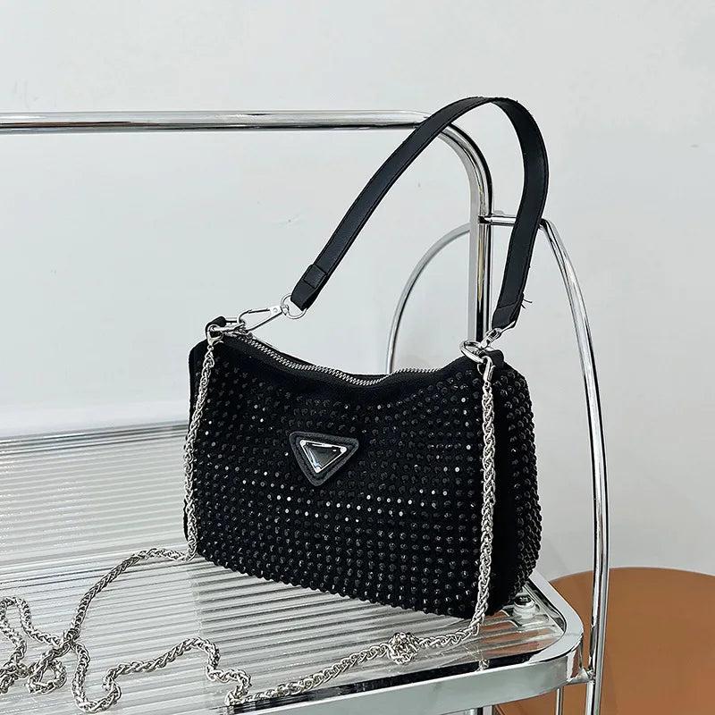 Bright Diamond Handbag Retro Chain Crossbody Bag Underarm Bag Women Totes
