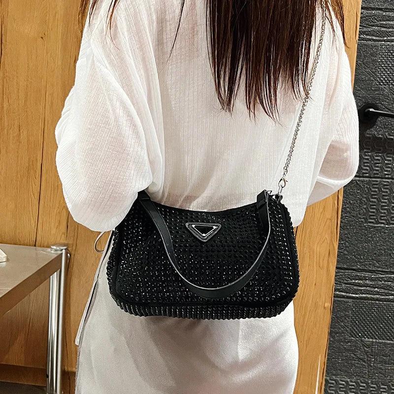 Bright Diamond Handbag Retro Chain Crossbody Bag Underarm Bag Women Totes