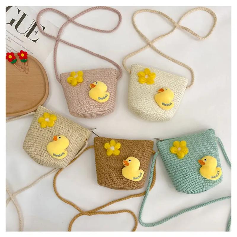 Cartoon Straw Woven Shoulder Bag for Kids