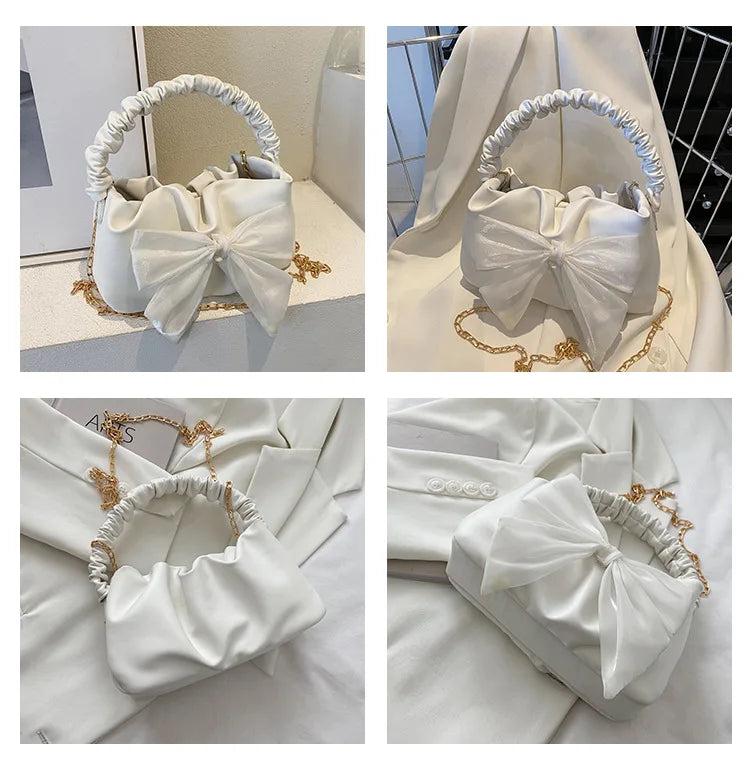 Bow Shoulder Crossbody Chain Pleated Sling Bag for Women