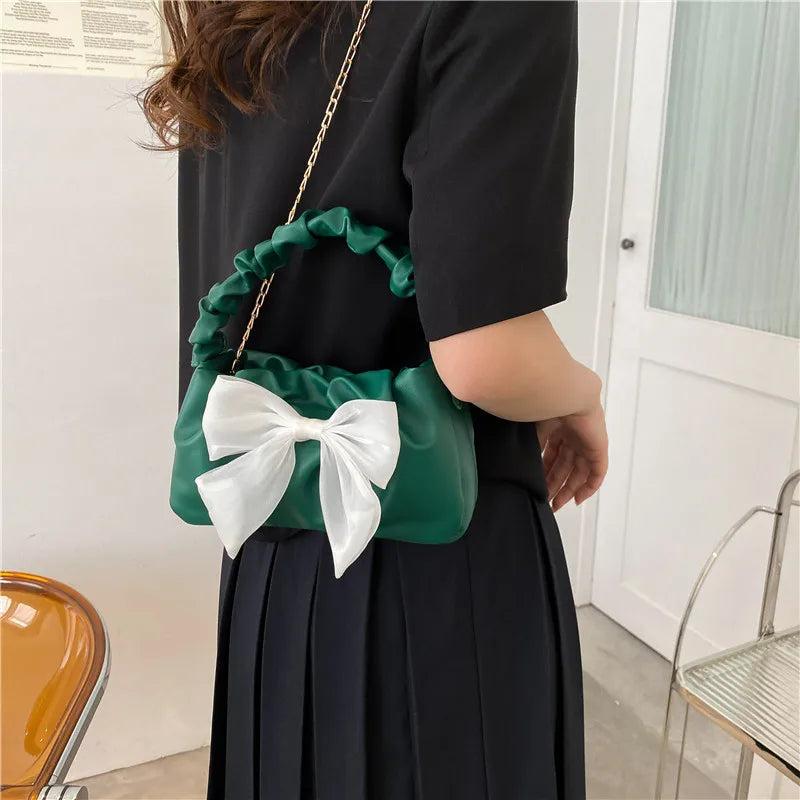 Bow Shoulder Crossbody Chain Pleated Sling Bag for Women