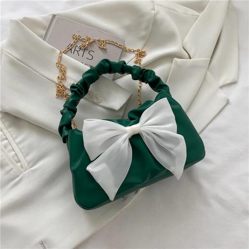 Bow Shoulder Crossbody Chain Pleated Sling Bag for Women