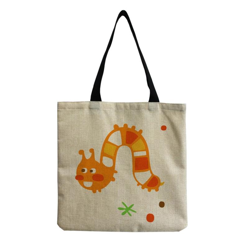 Cartoon Insect Printed Linen Beach Shoulder Bag Female Leisure Shopping Bag