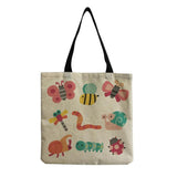 Cartoon Insect Printed Linen Beach Shoulder Bag Female Leisure Shopping Bag