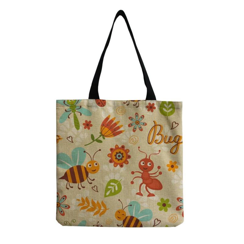 Cartoon Insect Printed Linen Beach Shoulder Bag Female Leisure Shopping Bag