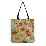Cartoon Insect Printed Linen Beach Shoulder Bag Female Leisure Shopping Bag