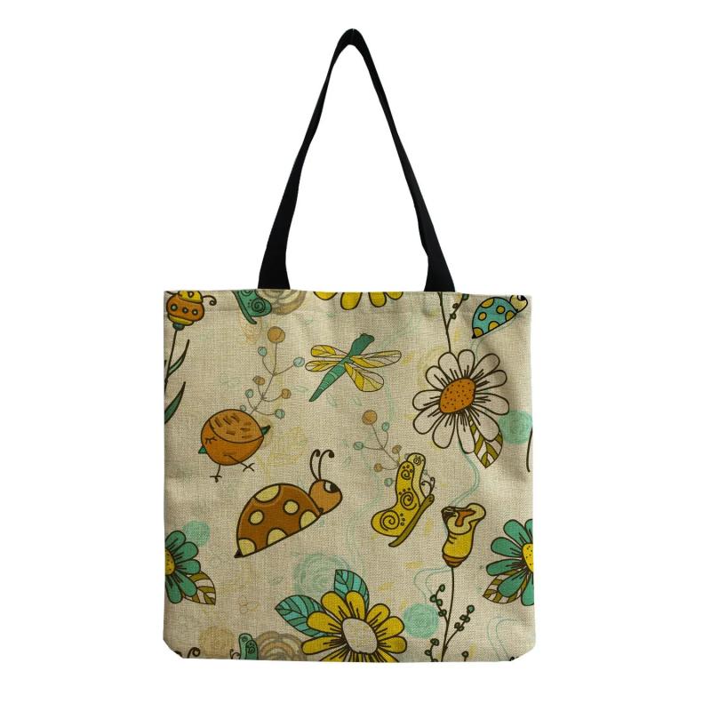 Cartoon Insect Printed Linen Beach Shoulder Bag Female Leisure Shopping Bag